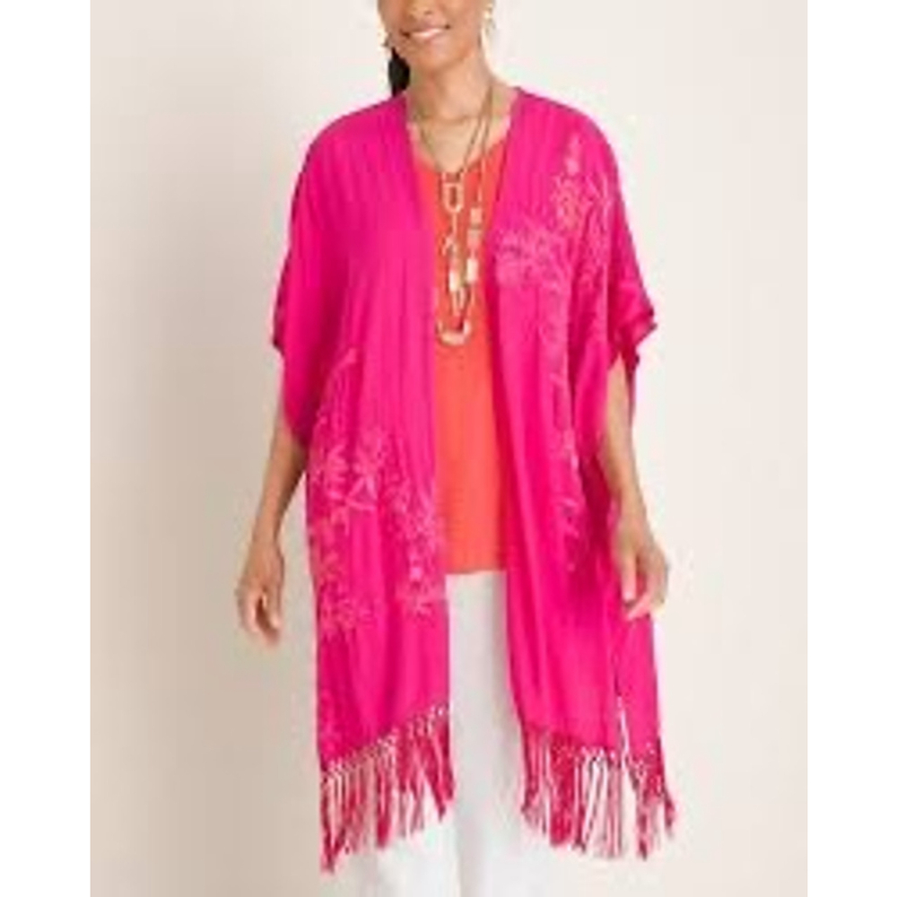 Women's Chico's Kimono OS Pink Floral Embroidered Fringe fits up to 3x